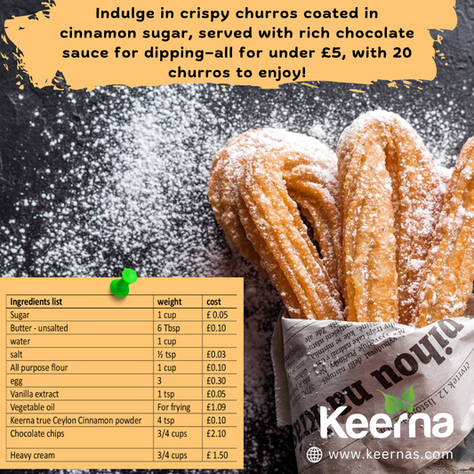 Indulge in crispy churros coated in cinnamon sugar, served with rich chocolate sauce for dipping